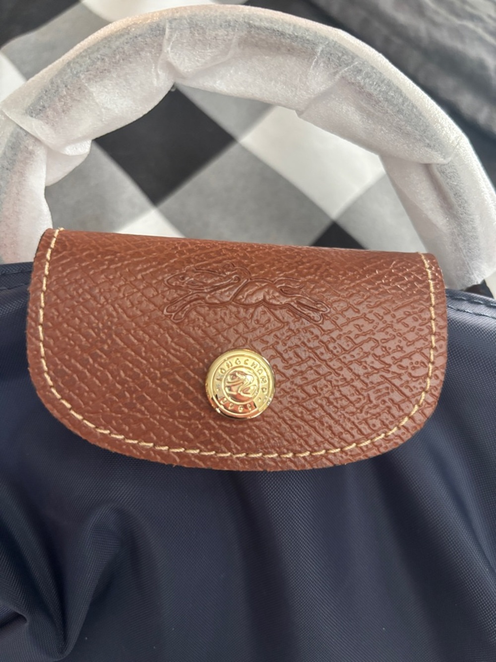 Longchamp Navy Nylon Le Pliage Mini Crossbody with Brown Trim - Picture 4 of 6